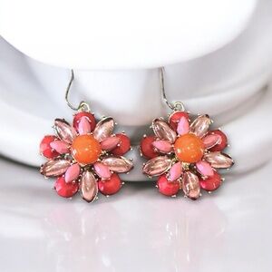 Floral Statement Drop Earrings – Pink, Red & Gold Tone – 1.5”